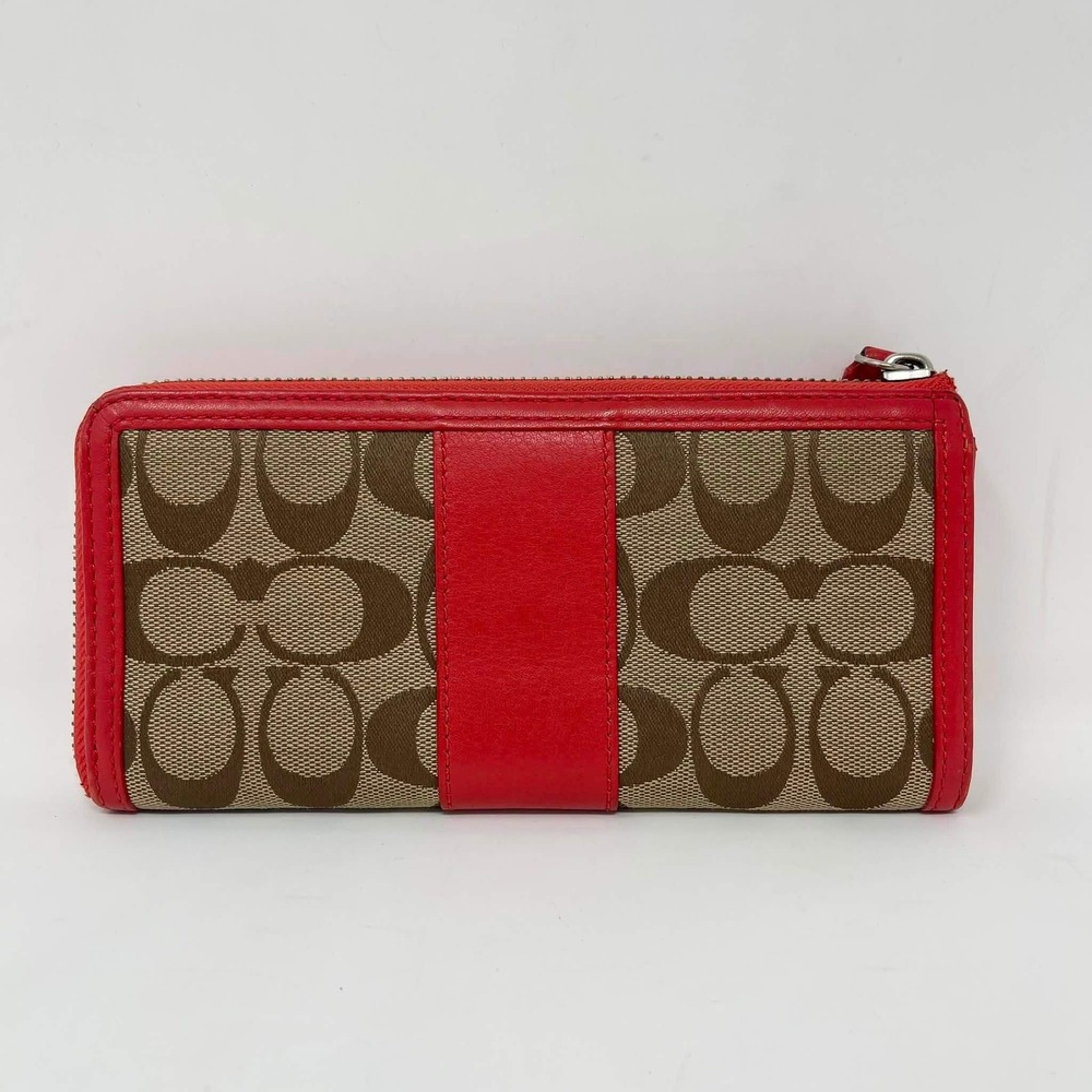 Coach Legacy Signature Slim Zip Around Wallet Khaki Canvas Red Leather Trim